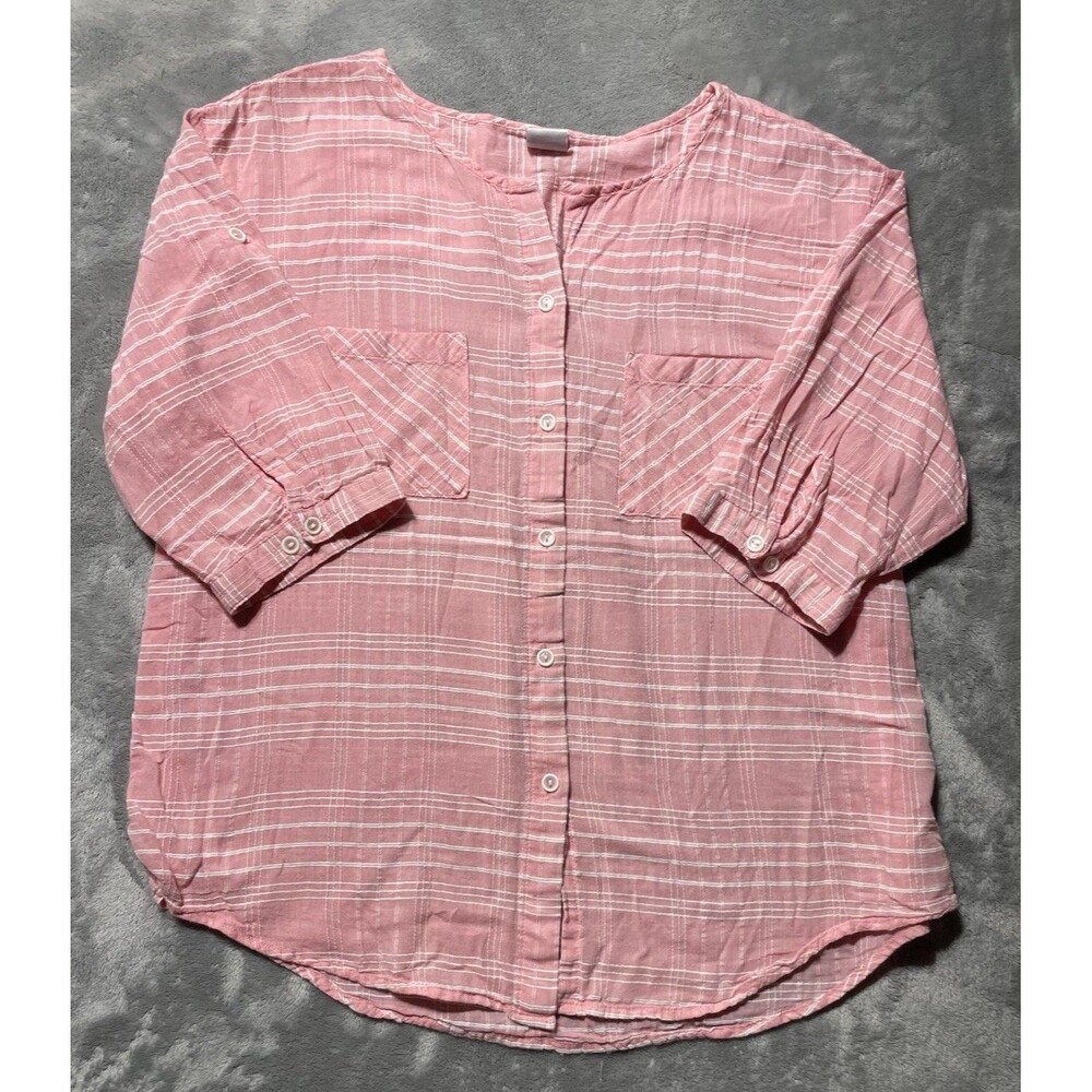 bossini Red & White Light Blouse Women’s Large Button Up Roll Up Mid Sleeves